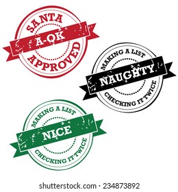 Santa Claus rubber stamp collection Naughty nice and a-ok EPS 10 vector stock illustration