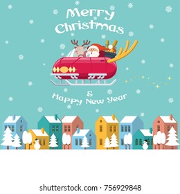 Santa Claus and Rudolph the red nose reindeer driving a shiny sleigh car with deer horns flying over a winter town with colorful buildings, trees, snowman and snow. Merry Christmas and Happy New Year.