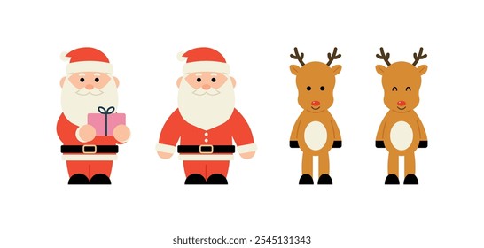 Folha de personagens de renas de Papai Noel e Rudolph. Estilo de desenho animado vetor liso clip art no fundo branco. 