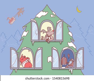 Santa Claus   Rudolph reindeer live in Christmas tree houses  Characters seen through open windows  hand drawn style vector design illustrations 