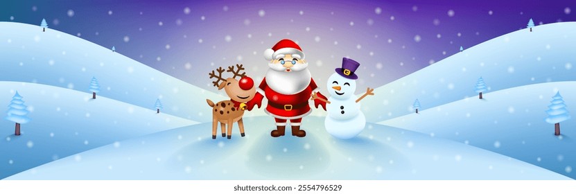 Santa Claus, Rudolph the reindeer, and a Snowman on Christmas day at snowfall. Winter landscape Festive horizontal banner. Christmas Banner. Vector illustration.