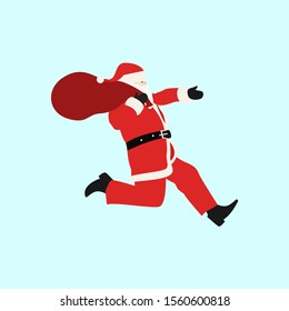 Santa Claus run with a bag of gifts. flat illustration isolate on a Blue background. easy to use . santa Claus icon 