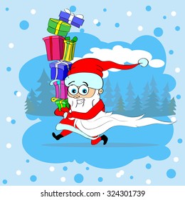 Santa Claus Run Carry Gift Box Merry Christmas Character Greeting Card Flat Vector Illustration