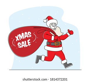 Santa Claus Run with Huge Red Bag. Christmas Character in Red Hat and Festive Costume Holding Sack with Xmas Sale Typography. Advertising, Shopping Promotion, Announcement. Linear Vector Illustration