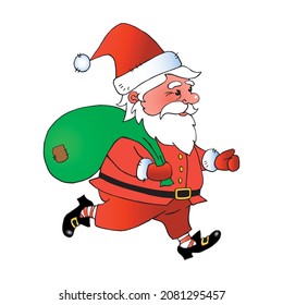 Santa Claus running with bag of gifts. Vector color bright hand drawn illustration. New year and Christmas characters in flat style