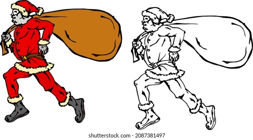 Santa Claus running with a bag of gifts. Hand drawn vector illustration.