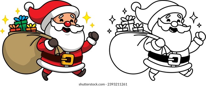 Santa Claus is running with a bag of gifts behind his back