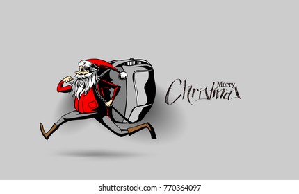 Santa claus running with a bag for gifts delivery on a white background, vector illustration.