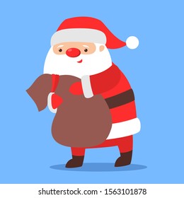 Santa Claus running with a big bag full of presents. Cute holiday season cartoon illustration. Christmas and New Year celebration.