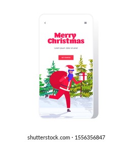 santa claus running with big sack full of gifts merry christmas happy new year holidays celebration concept landscape background smartphone screen online mobile app full length vector illustration