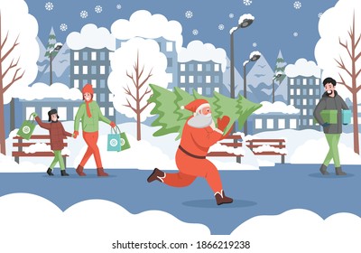Santa Claus running with Christmas tree, people in warm clothes walking in winter city park, carrying boxes and shopping bags vector flat illustration. Preparing for Christmas and New year concept.