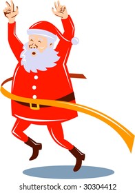 Santa Claus running and crossing the finish line