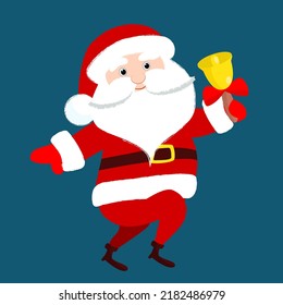 Papá Noel corre o baila con una campana en las manos. Diseño de carácter divertido para invierno. Ilustración navideña al estilo plano de dibujos animados.