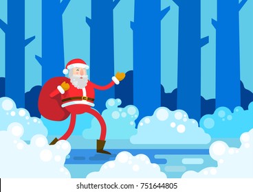 Santa Claus running in the forest at night. Santa hurry up with gifts. Christmas, New Year greeting card. Vector illustration.