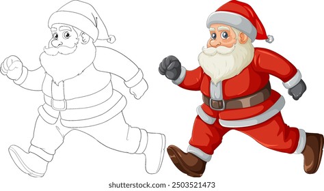 Santa Claus running in full color and outline