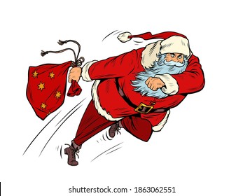 Santa Claus is running with a gift bag. Christmas courier. Pop art retro illustration 50s 60s kitsch vintage style