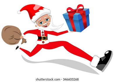 Santa Claus running holding xmas gift and sack isolated