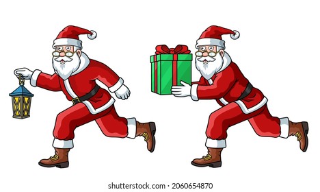 Santa Claus is running with a lantern, Santa Claus is running with a gift. Vector Illustrations of Merry Christmas on a white background.