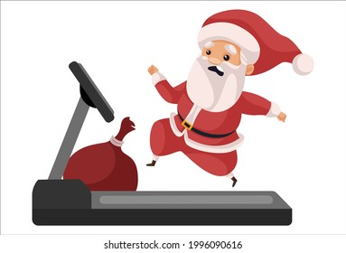 Der Weihnachtsmann läuft auf dem Laufband. Vektorgrafik. Individuell auf weißem Hintergrund.