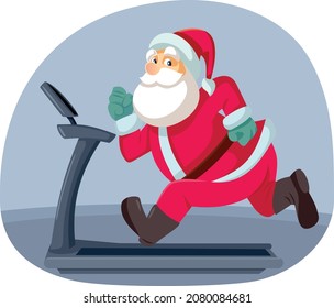 Santa Claus Running on a Treadmill Vector Cartoon Illustration. Santa exercising after the holidays because of weight gain 
