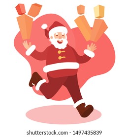 santa claus running with presents for christmas