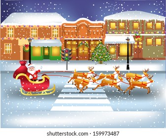 santa claus running through the town in his sledge