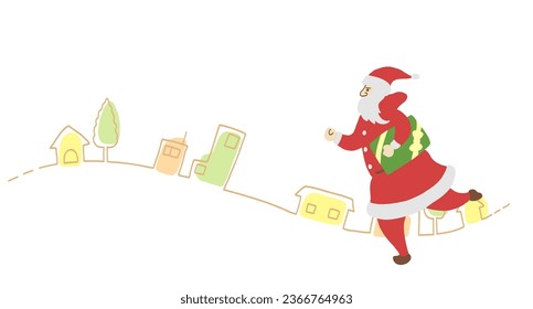 Santa Claus running with town landscape