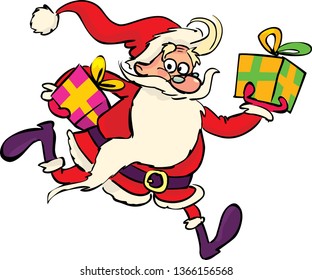 Santa Claus is running and wearing presents in her hands