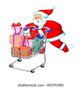 Santa Claus runs and pushes a supermarket cart. The truck can fall.Vector illustration. On a white background.