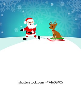 Santa Claus runs with sled on which sits a deer. Vector illustration in one layer, without gradients.