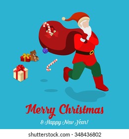 Santa Claus rush loose present gift toy from bag hole. Merry Christmas Happy New Year flat 3d isometry isometric concept web infographics vector leaflet flyer card postcard template. Creative holiday.