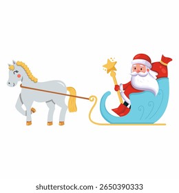 Papai Noel ou Pai Russo Frost monta trenó a cavalo. Ilustração vetorial para Ano Novo. Caractere estilo desenho animado.