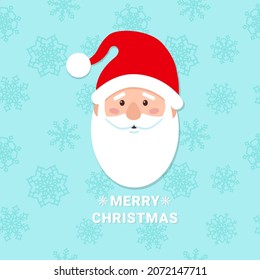 Santa Claus 's head on a blue background with the text merry Christmas . Seamless blue background with snowflakes.