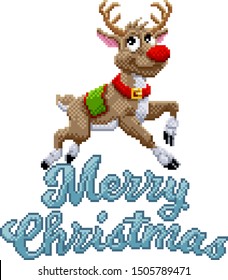 Santa Claus s reindeer and Merry Christmas message in pixel Art 8 bit video game style