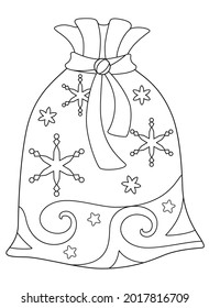 Santa Claus sack Antistress - Vector Linear Picture for Coloring. Outline. Santa Claus sack is an element for winter, christmas antistress coloring book.