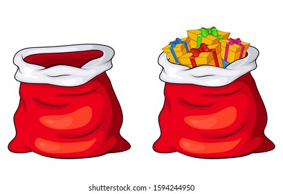 Santa Claus sack, bag empty and full with gifts and presents isolated on white background. Vector Christmas Design.