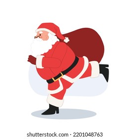 Santa claus with a sack bag of gift box is running. Merry christmas. Vector illustration.