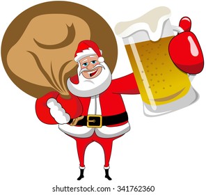 Santa Claus with sack and beer mug isolated