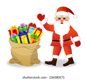 Santa claus and sack with bright gift boxes,  vector  illustration