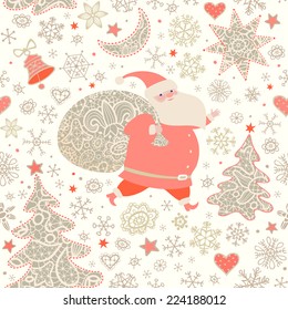 Santa Claus with sack of Christmas gifts.  Seamless pattern with lacy Xmas trees, moon, stars, bell and snowflakes .Christmas background. Vector illustration.