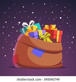 Santa Claus sack full of gift and present boxes in front night falling snow background. Flat style isolated vector illustration.