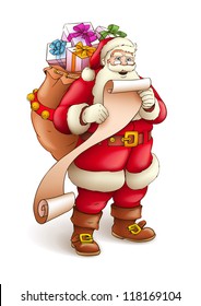 Santa Claus with sack full of gifts reading list of good kids. Vector illustration isolated on white background EPS10