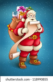 Santa Claus With Sack Full Of Gifts Reading List Of Good Kids. Vector Illustration Isolated On Blue Snow Background EPS10.