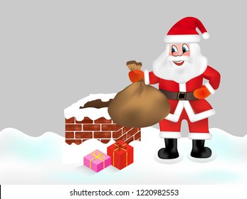 Santa Claus with sack full of gifts and the chimney. Christmas vector illustration.