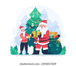 Santa Claus With a Sack Full of Gifts Giving a Christmas Gift to a Little Boy. Merry Christmas Concept Illustration