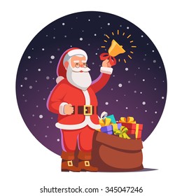 Santa claus with sack full of gifts win wrapped boxes standing and ringing his christmas bell. Flat style vector illustration isolated on white background.