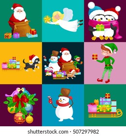 Santa Claus sack full of gifts, flying angel wings star, snowman in scene, dog presents sleigh,penguins greeting card elf Merry Christmas and Happy New Year