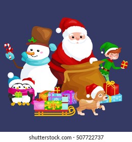 Santa Claus sack full of gifts, snowman holding a candy penguins with presents, scene with elf and dog Vector illustration Merry Christmas and Happy New Year