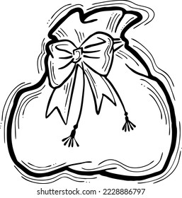 Santa Claus sack full of presents or empty to put your gift. Christmas, New Year template decorative vector element. Hand drawn illustration for promotion banner, party invitation, holiday announce.