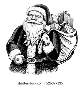 Santa Claus with sack full of presents. Vector vintage illustration. Line art, engraving texture.